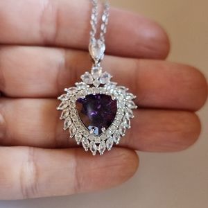 New 925 Silver Heart Shaped Amethyst Diamond Necklace Pendant & Chain